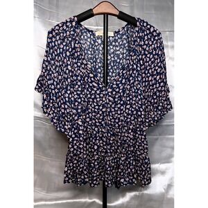 Rewind Floral Boho Peplum Blouse Blue Pink Ruffle Sleeve Cottagecore Top S
